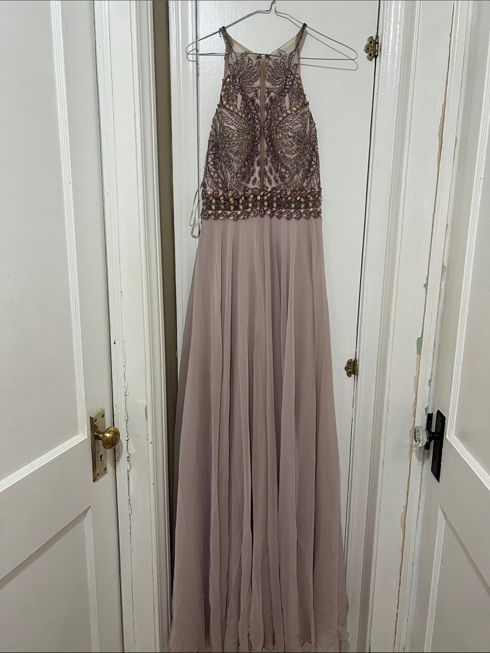 Jovani Dusty Mauve Beaded Halter Evening Gown